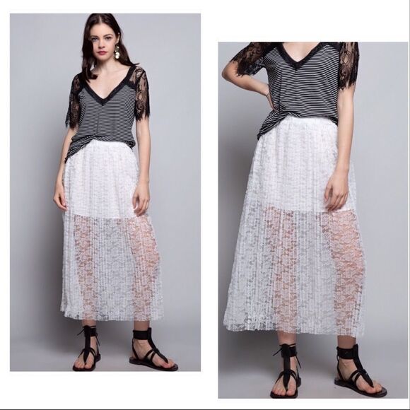 POL Pleated Lace White Mid-length Skirt - Picture 2 of 11